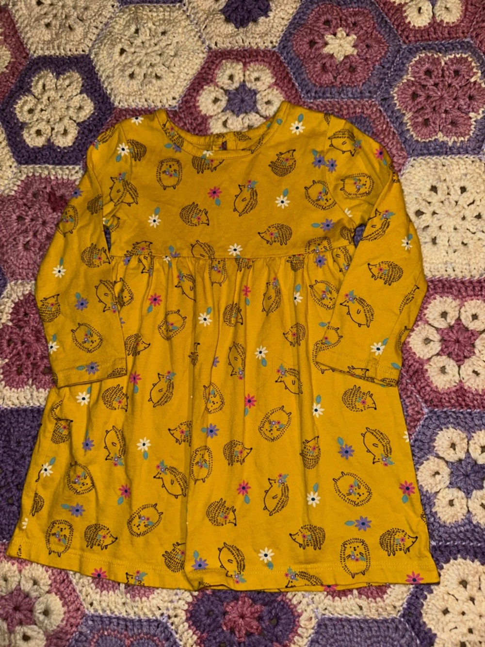wonder nation Mustard Yellow Toddler Dress w/ ADORABLE Hedgehog and Daisy Print